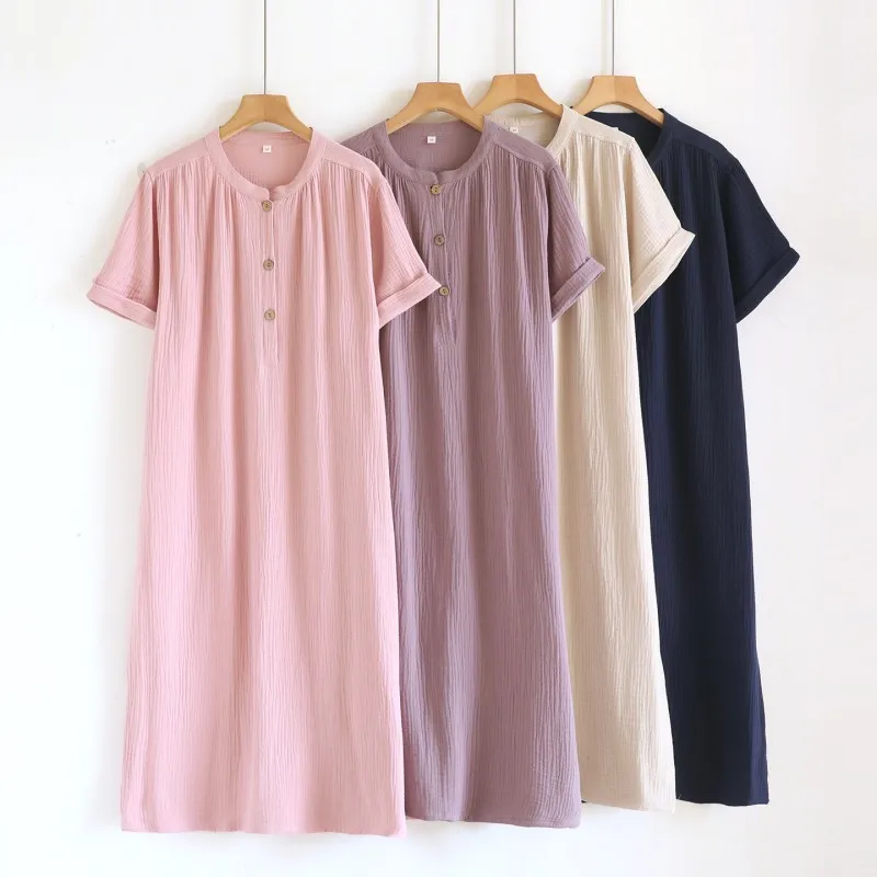 Women Summer Casual Simple Nightwear Dress Ladies 100% Cotton Nightgown Female Short Sleeve Simple Sleepshirts Home Dress