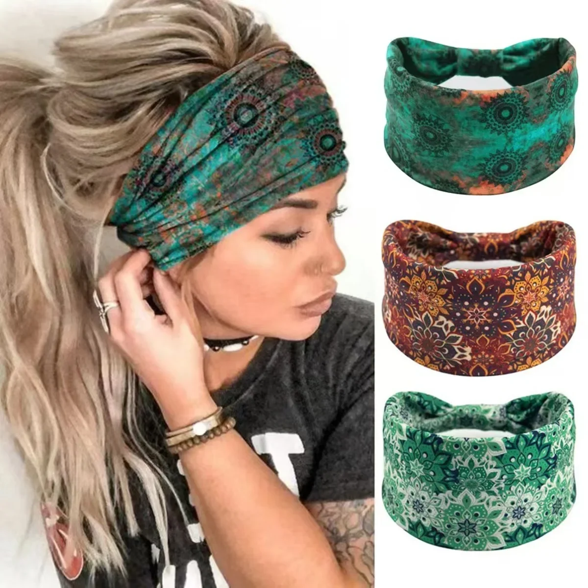 

Boho Headband Mandala Flower Hair Band Stretch Sweat-wicking Bandeau for Women with Wide Brim