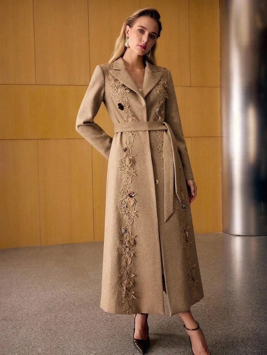Elegant Women's Formal Dresses Suit Gowns Appliques Lace Long Over Jacket Coat For Female with Belt Single-Breasted Customized