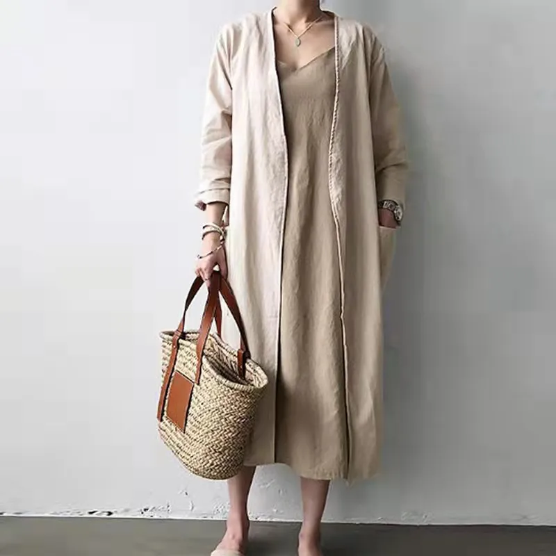 Trench V Neck Jacket Cardigan Women Pockets Loose Long Sleeve Coats Wide Waisted Clothing Casual Jackets Open Stitch Coats
