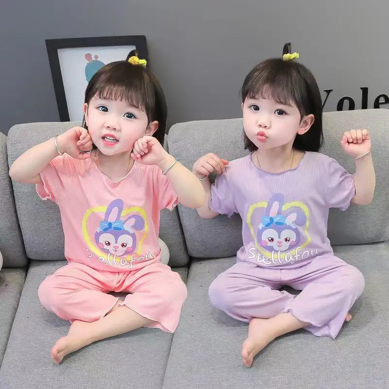 Children's Summer Cartoon Thin Ice Silk Rabbit Pajama Short Sleeve Hoodie Baby Air Conditioning Home Clothes Set