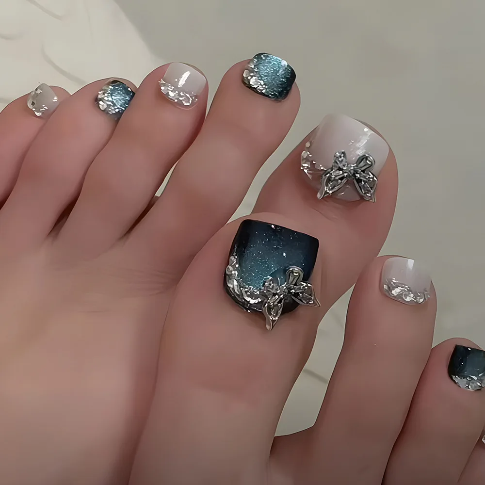 

24pcs Sweet Toenails Sets Simple Butterfly Diamond False Nail Tips Blue Cat's Eye Short Square Fake Nail Finished Press on Nails