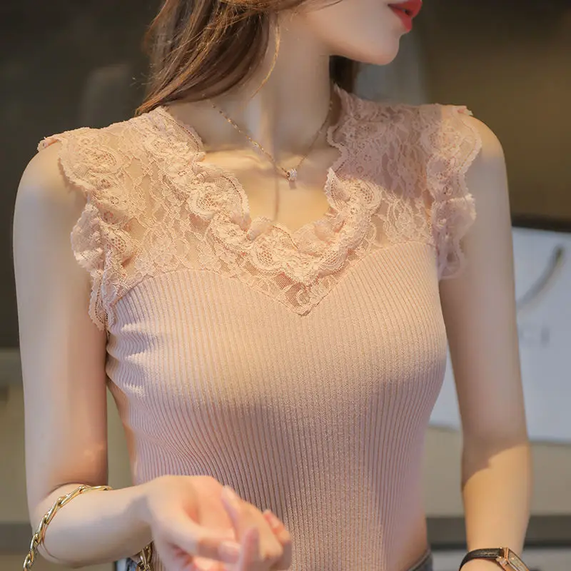 Summer V-neck Lace Stitching Pullover Sleeveless T-shirt Women\'s See-through Ice Silk Vest Suspender Knitted Base Layer Women