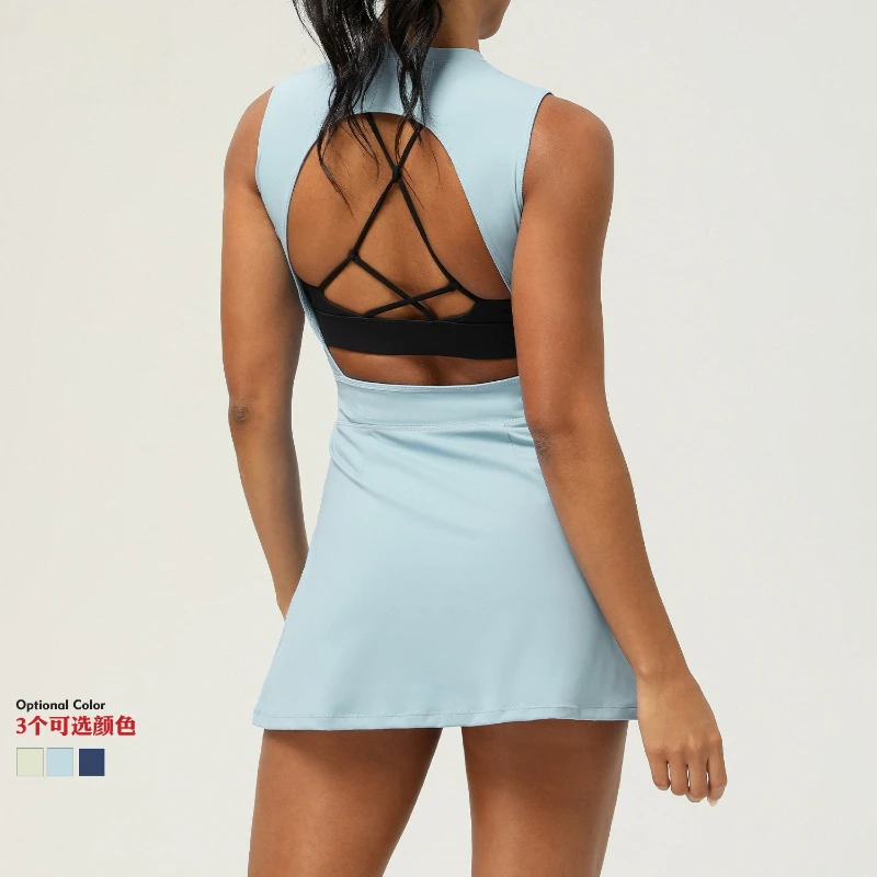 Summer Women Yoga Tennis Dress Quick-dry Breathable Sleeveless Backless Slim Golf Badminton Dress with Built-in Shorts Sportwear