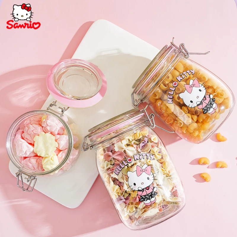 New Sanrio Food Grade Glass Sealed Jar Kawaii Hello Kitty Storage Bottle Kuromi Candy Snacks Nuts Multi-function Storage Jar