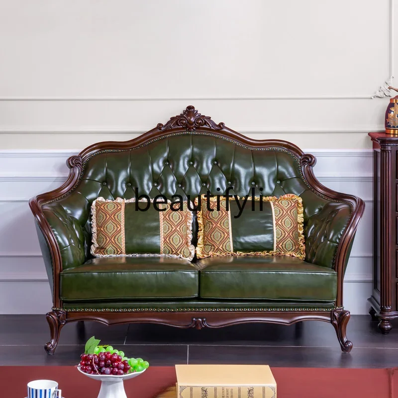 

A4567Американский легкий роскошный кожаный диван из цельного дерева в стиле ретро, художественный диван для гостиной из коровьей кожи для двух человек и трех человек