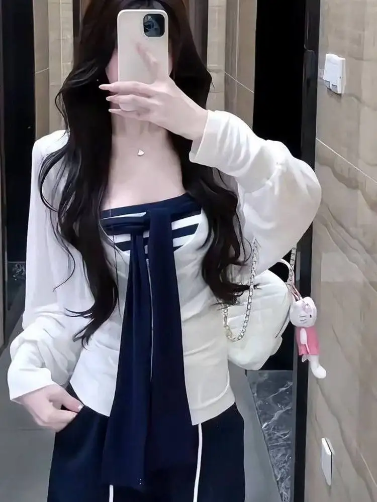 Early Autumn Korean Style Striped Tube Top Color Block Set Women's Spring Autumn Cover up Small Size Two Piece Set
