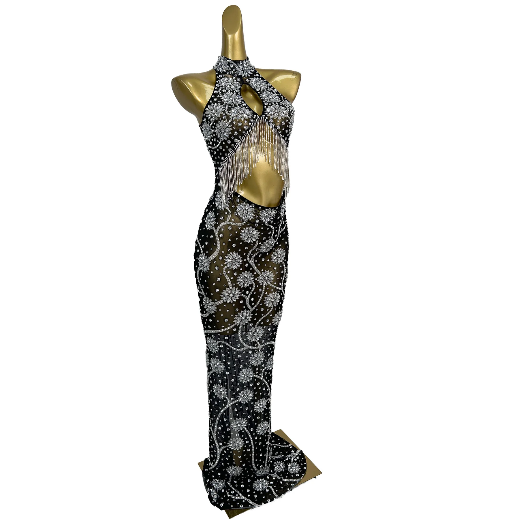 

Sexy Women Black See Through Mesh Tassel Long Dresses Hollow Out Sparkly Silver Rhinestone Evening Gown Party Outfit Mosanghua