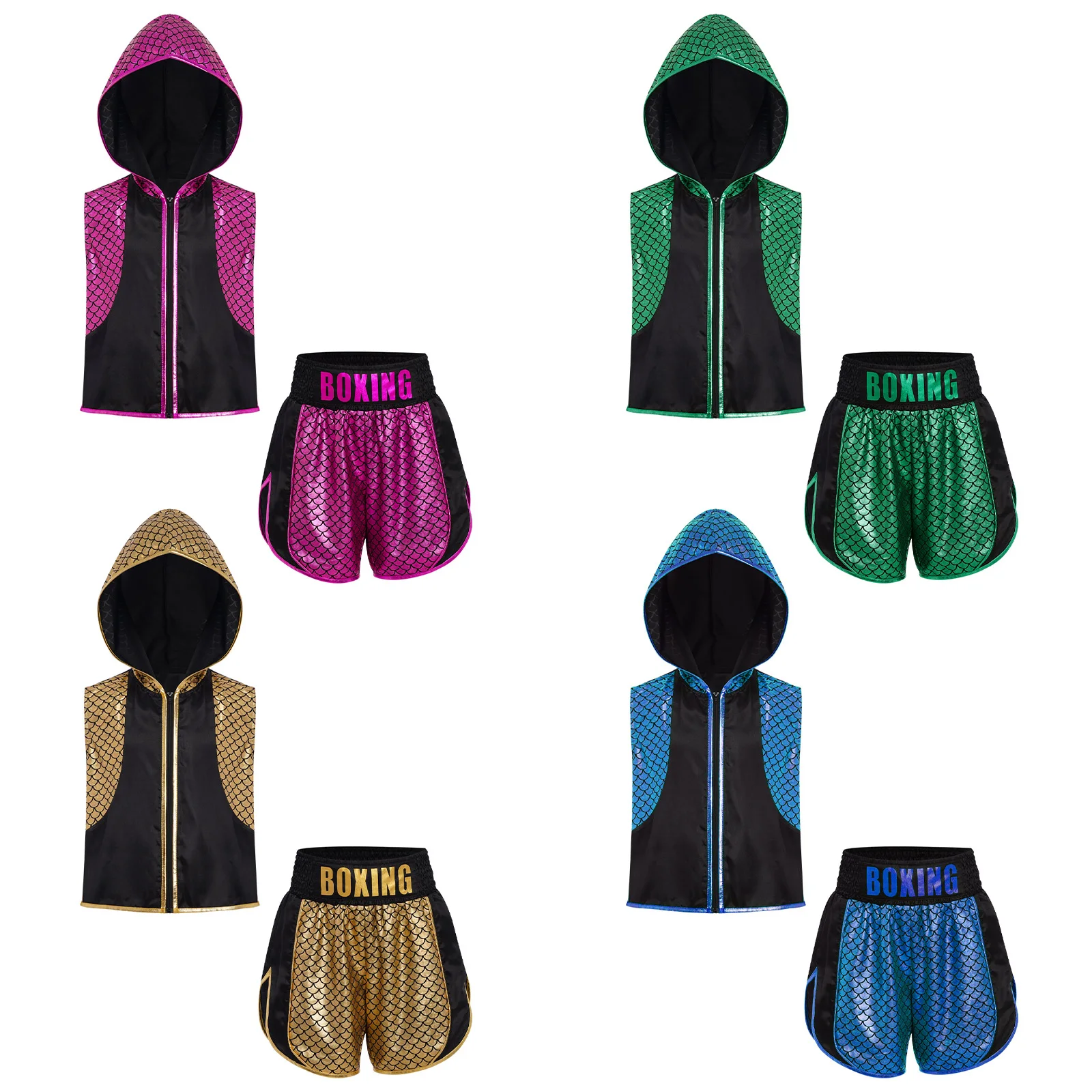

Children Boxing Outfit Metallic Zipper Hooded Vest with Boxer Shorts Muay Thai Martial Arts Fighting Kickboxing Training Costume