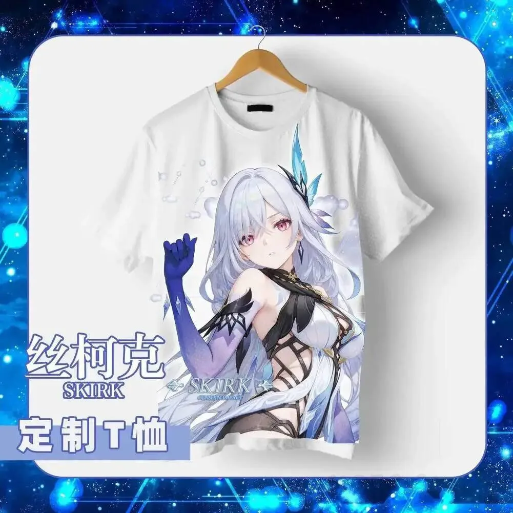 

Cosplay Game Costume Student Summer Anime Tee Peripheral Skirk Genshin Impact Casual Hooded Short Sleeve T-shirt Tops