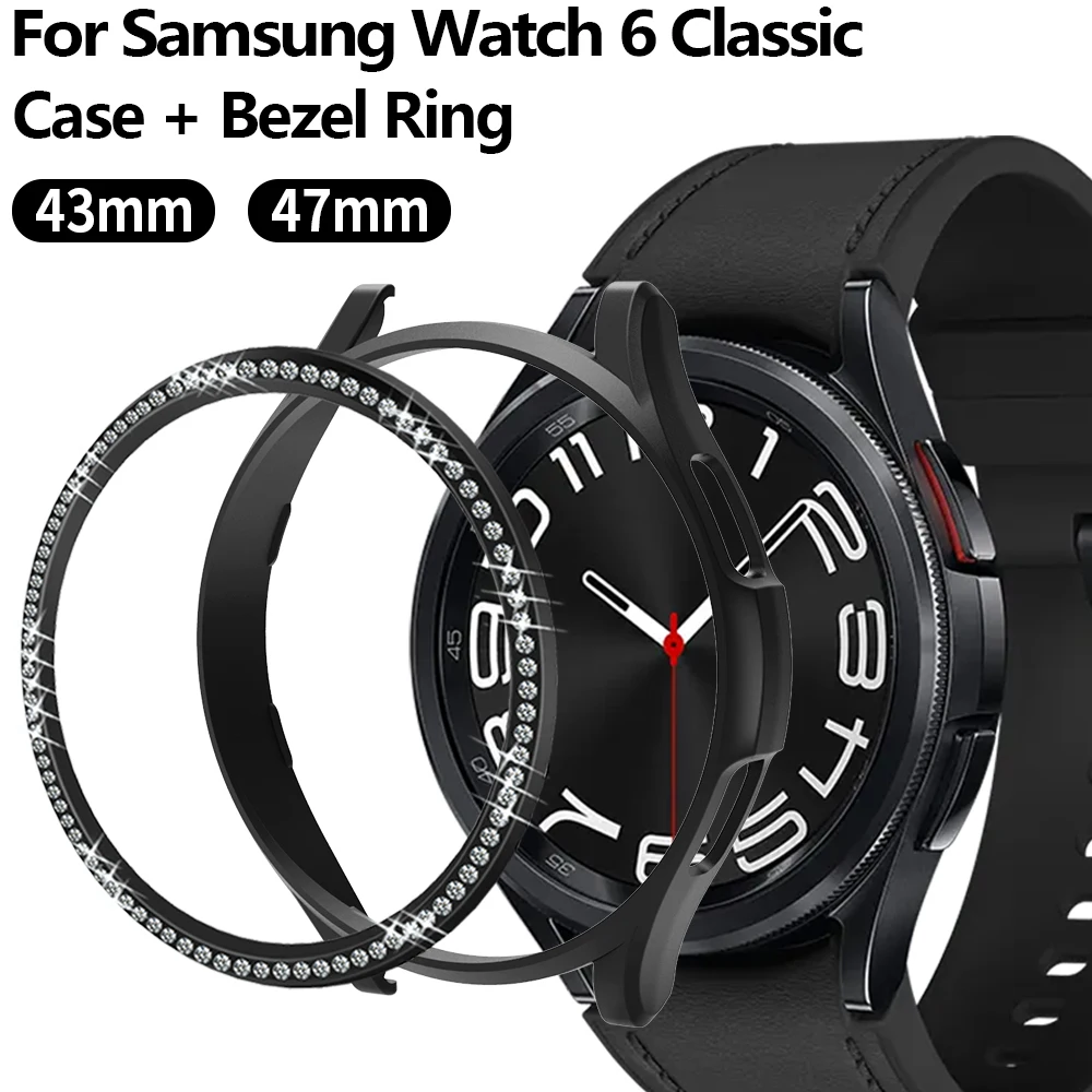 Diamond Bezel+Protector Cover for Samsung Galaxy Watch 6 Classic 43mm 47mm PC Matte Frame Protective Bumper Shell Accessories