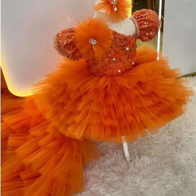 Laranja lantejoulas vestido da menina de flor mangas curtas a linha vestidos em camadas personalizados para crianças primeira comunhão vestidos de festa de aniversário