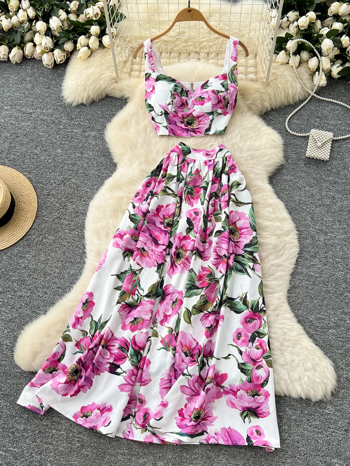 

Summer Print Floral 2 Piece Sets Womens Skirts Outfits Corp Top and High Waist Long Skirt Two Piece Set Evenig Party Dresses