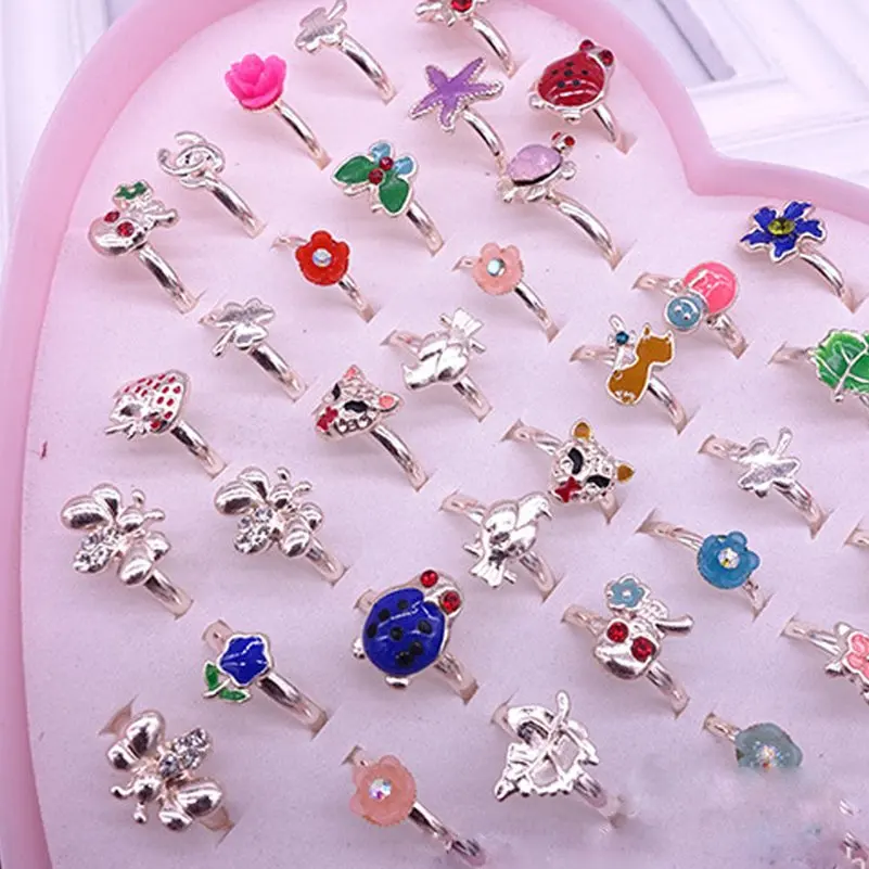 Wholesale 10pcs/lot Mix Styles Cute Children Rings Butterfly Plant Animal Alloy Ring Finger Jewelry Rings Kid Girls Toys No Box