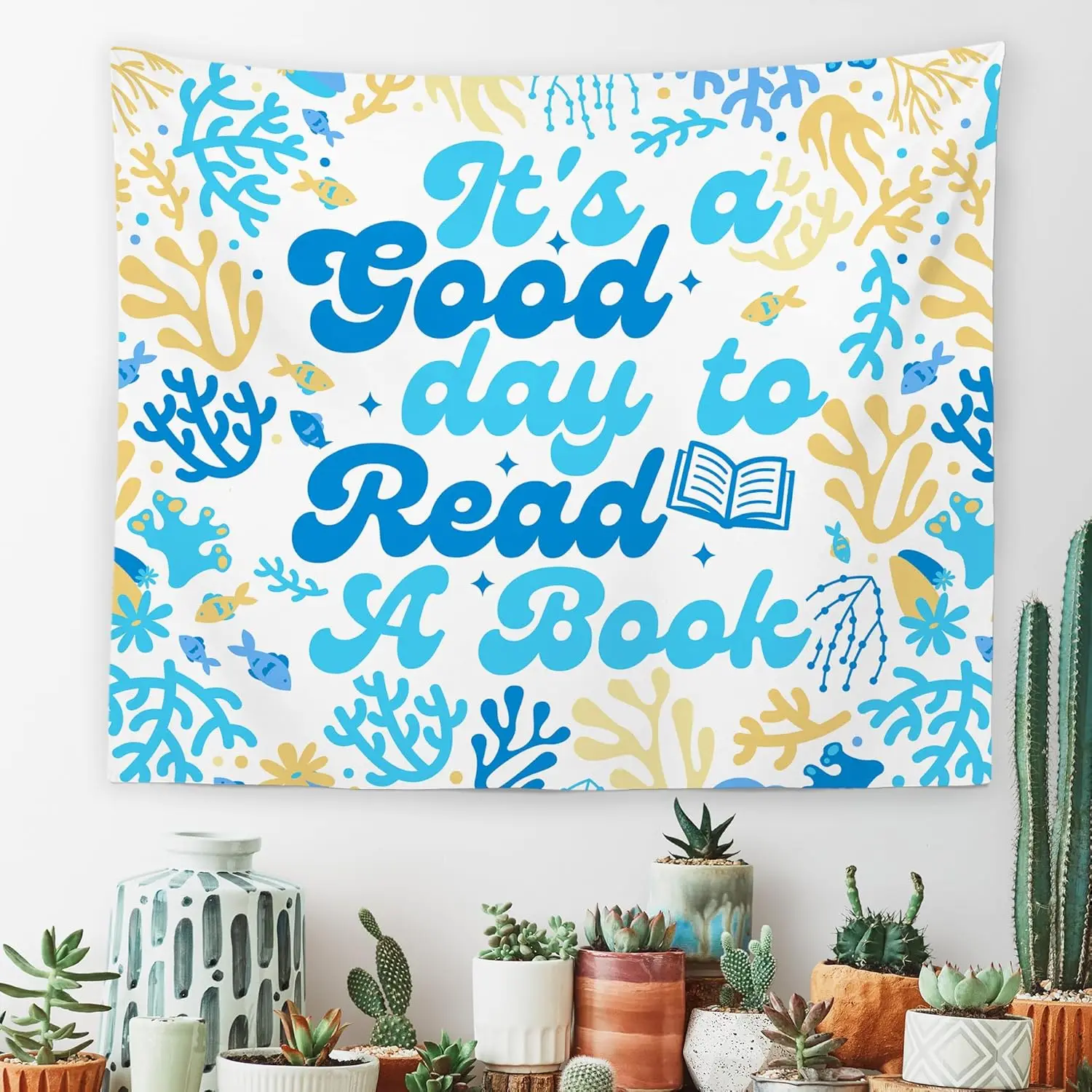 It's A Good Day to Read A Book Classroom Wall Tapestry Hanging, Blue Sea Ocean Beach Reading Banner Tapestries, Summer Wall