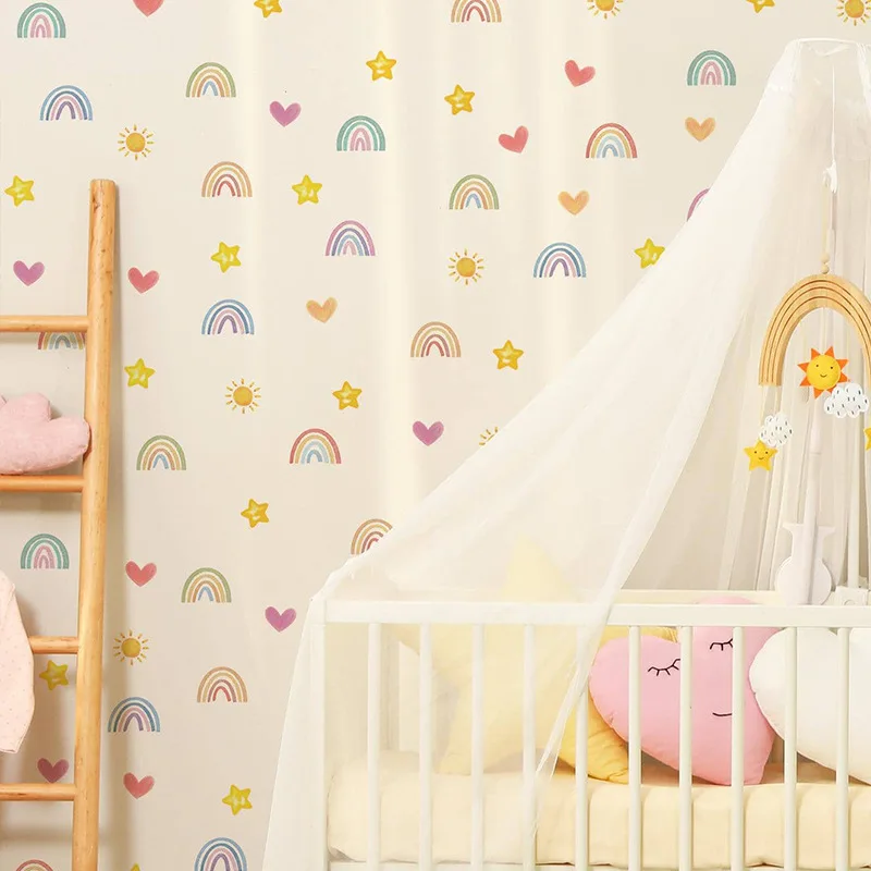 Cartoon Rainbow Wall Stickers Small Rainbow Wall Decal Watercolor Rainbow Heart Sun Star Wall Stickers for Girls Boys Baby Room