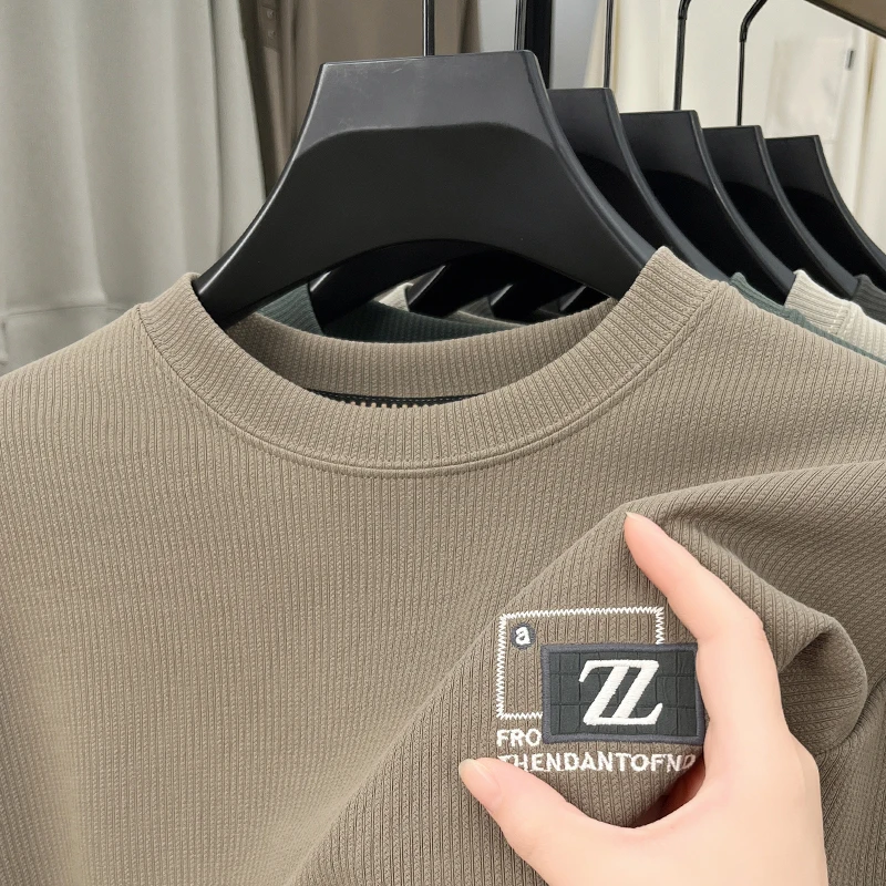 الرجال الفاخرة المطرزة تي شيرت مطبوع الراقية العلامة التجارية الخريف الأعمال عادية موضة تنوعا كم طويل بلوزة مستديرة العنق الملابس الرجالية