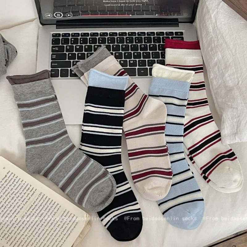 Spring Autumn New Product Women's Socks - Double Round Edges, Striped, Mid-Calf Length, Casual and Sporty Trendy Socks
