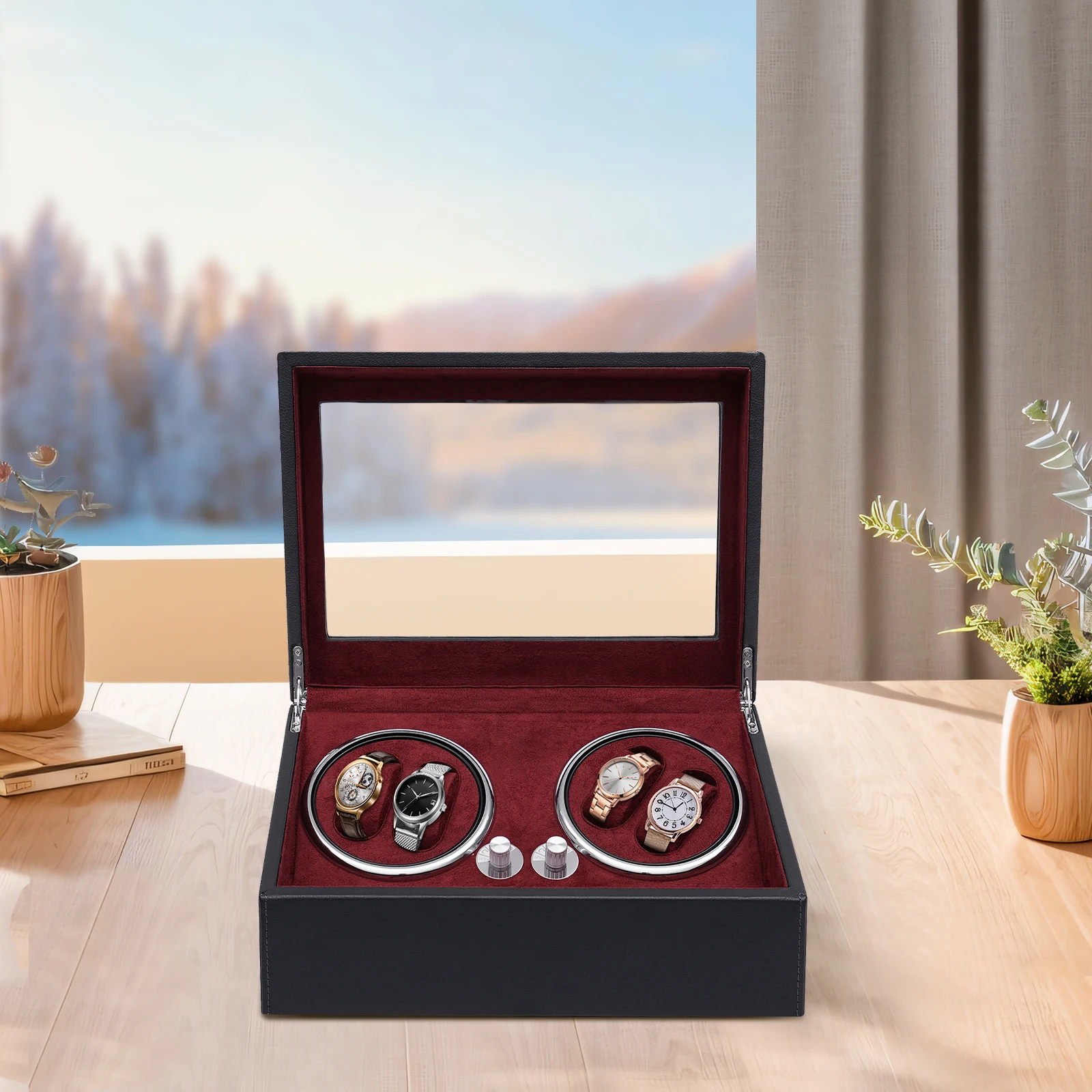 Watch Winder Watch Rotating Display Case for 4 Automatic Watches with Extra 6 Watch Storage, LED Illumination, Silent Motor