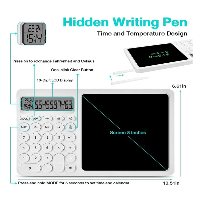 Basic Calculator Pen Display With 8-Inch LCD Writing Tablet, Desktop Calculator With Writing Tablet, Small Calculator With Time