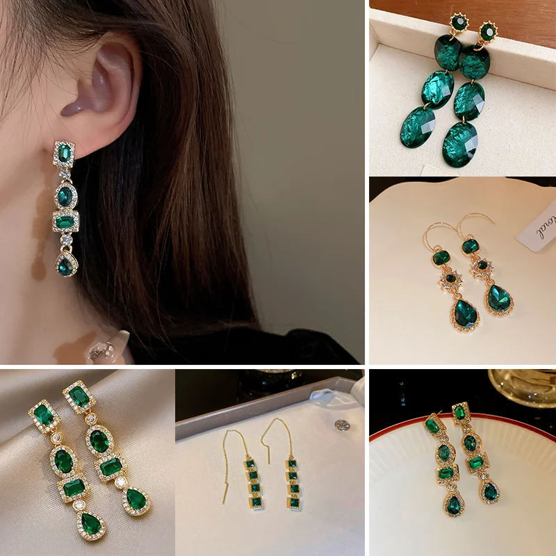 Retro Grandmother Green Rhinestone Elliptical Water Drop Ear