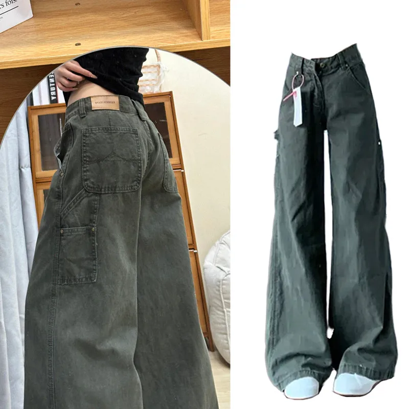 밀리터리 와이드 레그 워크웨어 청바지 여성 여름 신상 디자인 미국식 하이웨이스트 루즈 슬림핏 롱 팬츠