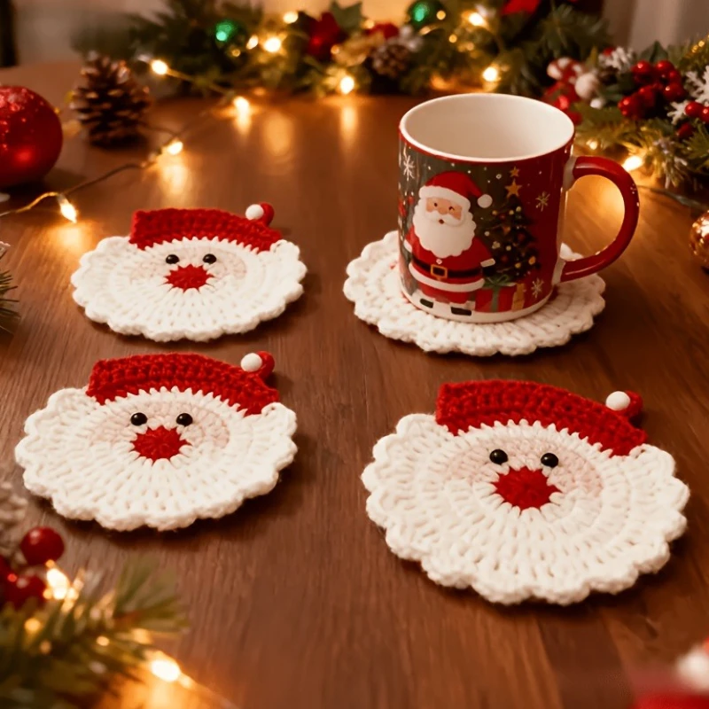 1pcs Crochet Santa Claus Coaster Drink Trays Heat-Resistant Table Protectors Anti-Scald Bowl Mats Home Party Christmas Tableware