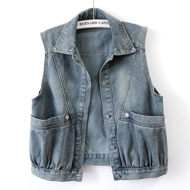 

French retro blue denim vest female spring and summer new fashion temperament big pocket casual Joker sleeveless vest coat