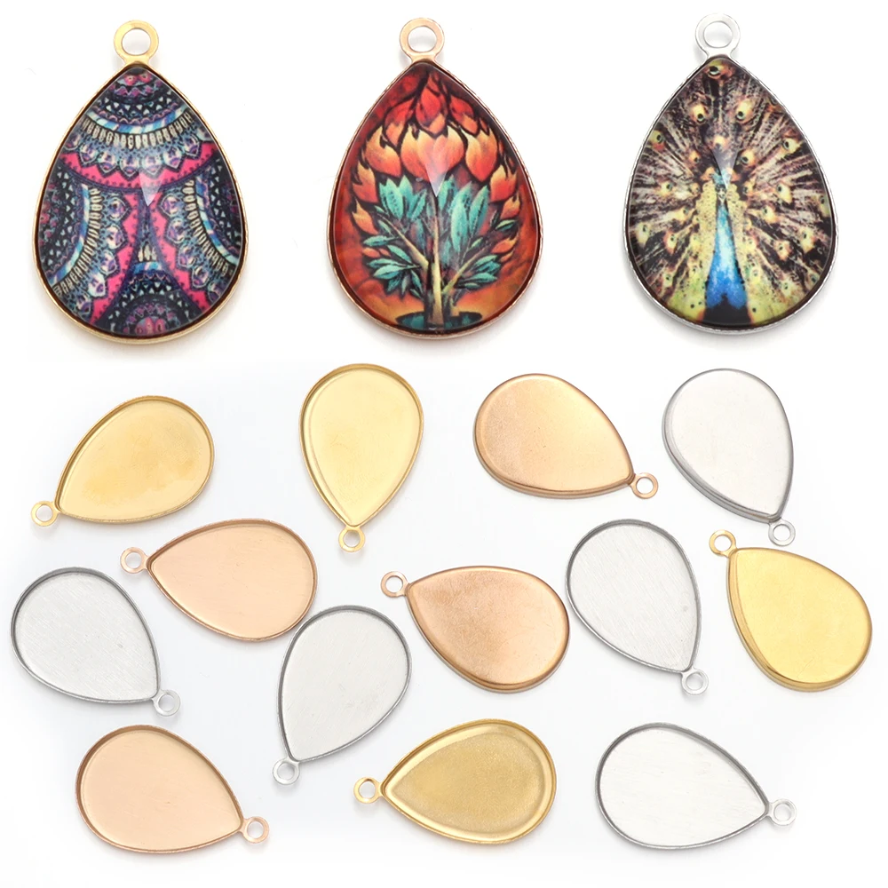 

10pcs/lot Stainless Steel Water Droplets Shape Cabochon Base Setting Blank Tray Charms For DIY Jewelry Making Necklace Earring