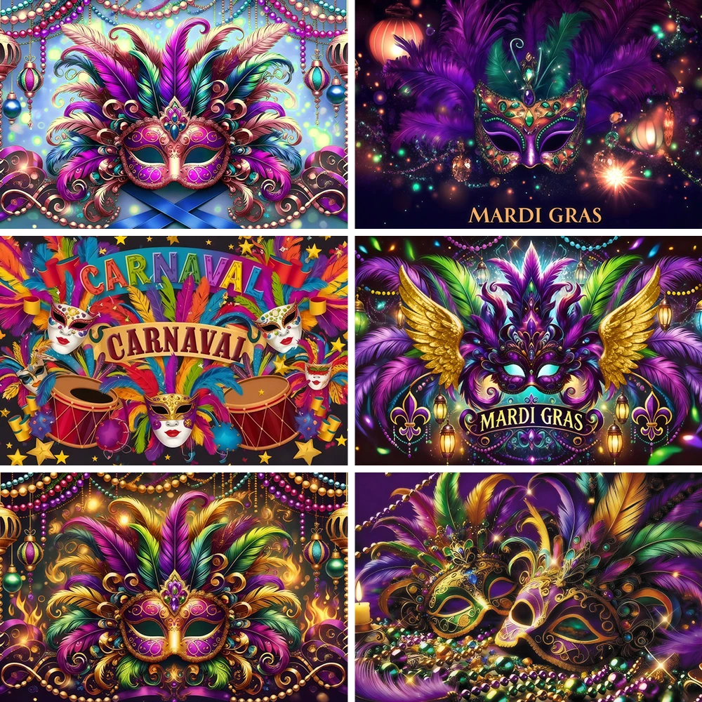 Mardi Gras Party Backdrop Colorful Feather Mask Samba Dance Glitter Carnival Holiday Photography Background Photo Booth Props ﻿