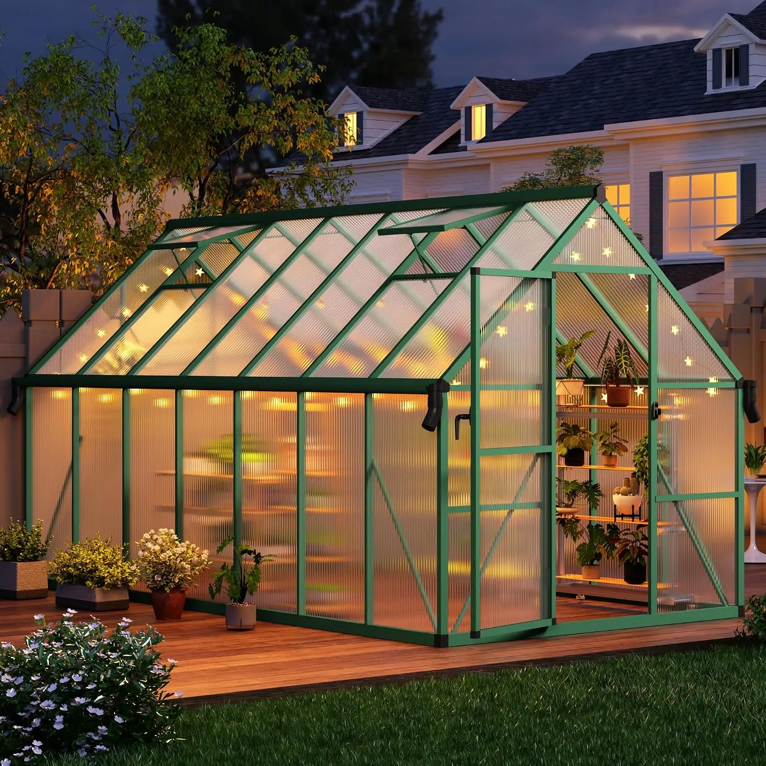 8x12 FT Outdoor Greenhouse, Polycarbonate Greenhouse with Roof Vent and Ground Nails, Aluminum Large Walk-in Green House w/ Lock