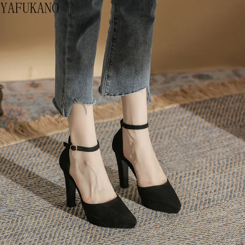 Suede Platform High Heels Not Tired Feet Thick Heel Ankle Strap Career Pointed Pumps Mid Hollow Women Sandals Small Size 32 33