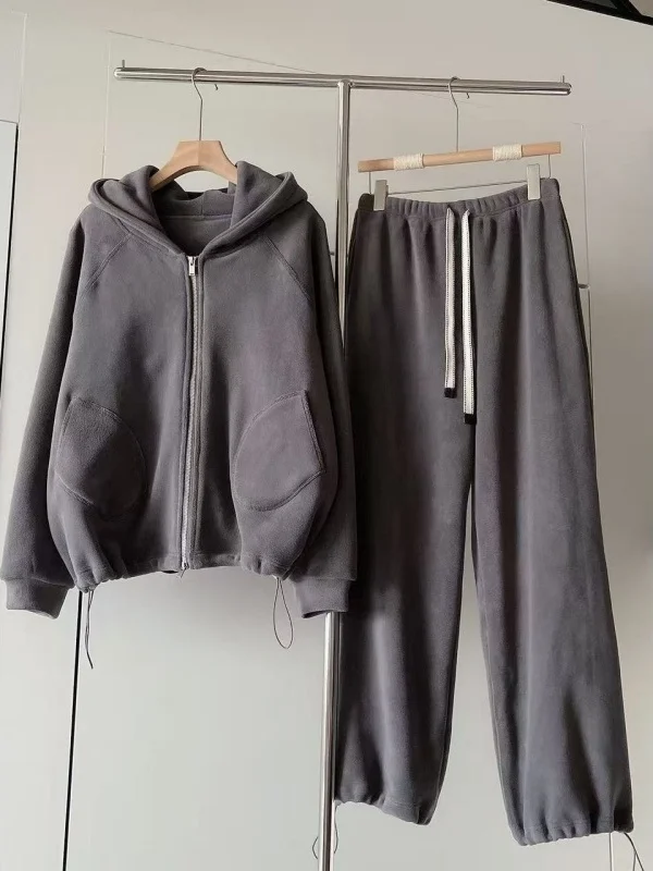 Women's Casual Sporty Hoodie Set Double-Faced Fleece Jacket Sweatpants Two-Piece Set High Waist A-Line Skirt Long Sleeve