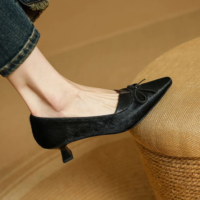 NEW Spring/Autumn Women Pumps Horsehair Shoes for Women Square Toe Kitten Heel Shoes Slip-on Shallow Bow-knot Handmade Shoes
