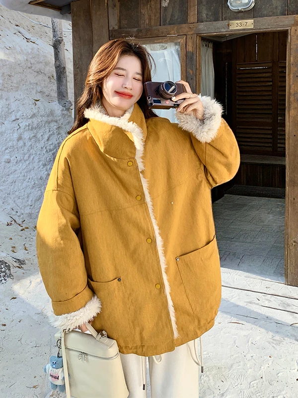 여성용 안감 처리된 따뜻한 양털 자켓 노란색 오렌지색 가을 겨울 신상 한국 스타일 면 의류