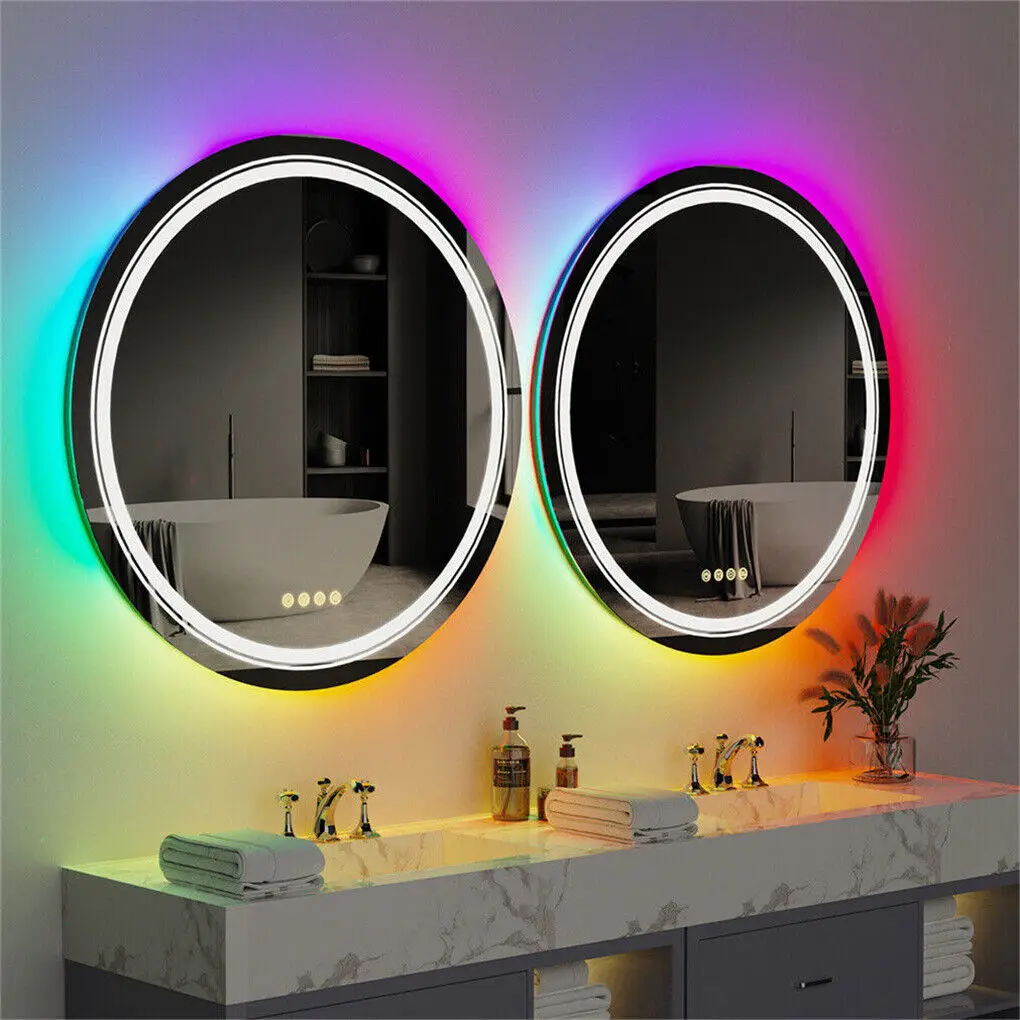 Round Bathroom Mirror with LED Light Dimmable Illuminated Wall Mirror with 8 RGB Backlit 3 Front Color Smart Anti-fog Memory