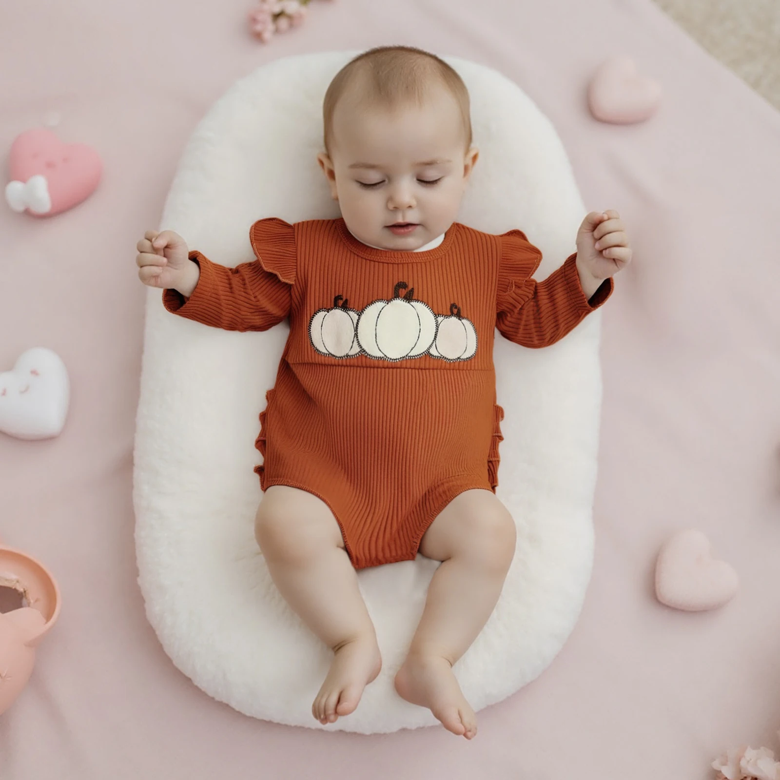 

Baby Girl Pumpkin Embroidered Jumpsuit Halloween Long Sleeve Round Neck Ruffle Romper