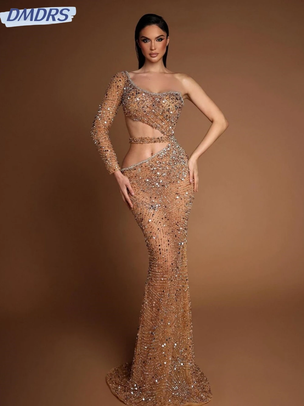 

Exquisite Illusion Beaded Long Evening Dress Elegant One Shoulder Wedding Party Gown Customized Dazzling Mermaid Prom Dresses