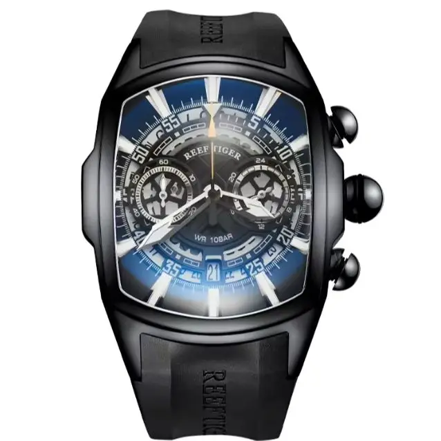 Reef Tiger Men Chronograph Watch 45mm Tonneau Quartz Wristwatch Sport 50M Waterproof Luminous Dome Mirror Skeleton Dial VK63