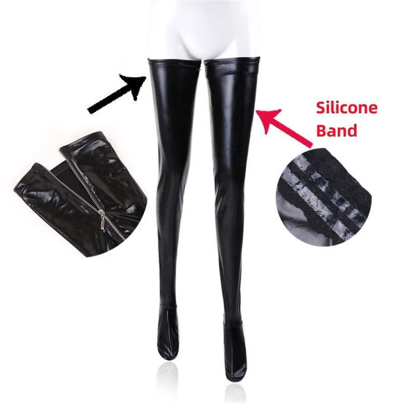 

Women Sexy Latex Zipper Stockings Lady's Black PVC Pole Dance Leather Erotic Clubwear Length Over Knee High Stockings