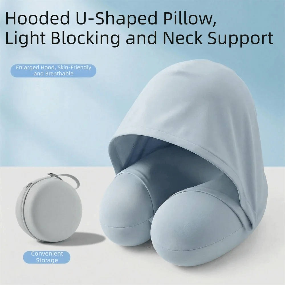 Slow Rebound Hooded Travel Pillow Breathable Fabric Light-blocking U-Shaped Neck Pillow Foldable Design Portable