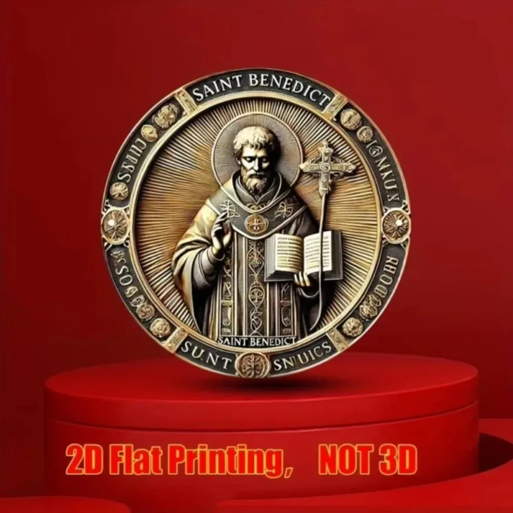 Vintage Saint Benedict Religious Round Metal Tin Sign – 2D Flat Products Design with Enhanced Depth & Artistic Detailing, Featur
