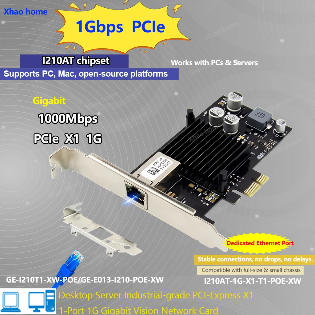 I210 PCI-E to POE Gigabit Ethernet Card Power Over Ethernet for Industrial Cameras, Image Capture, Desktop/Server Applications