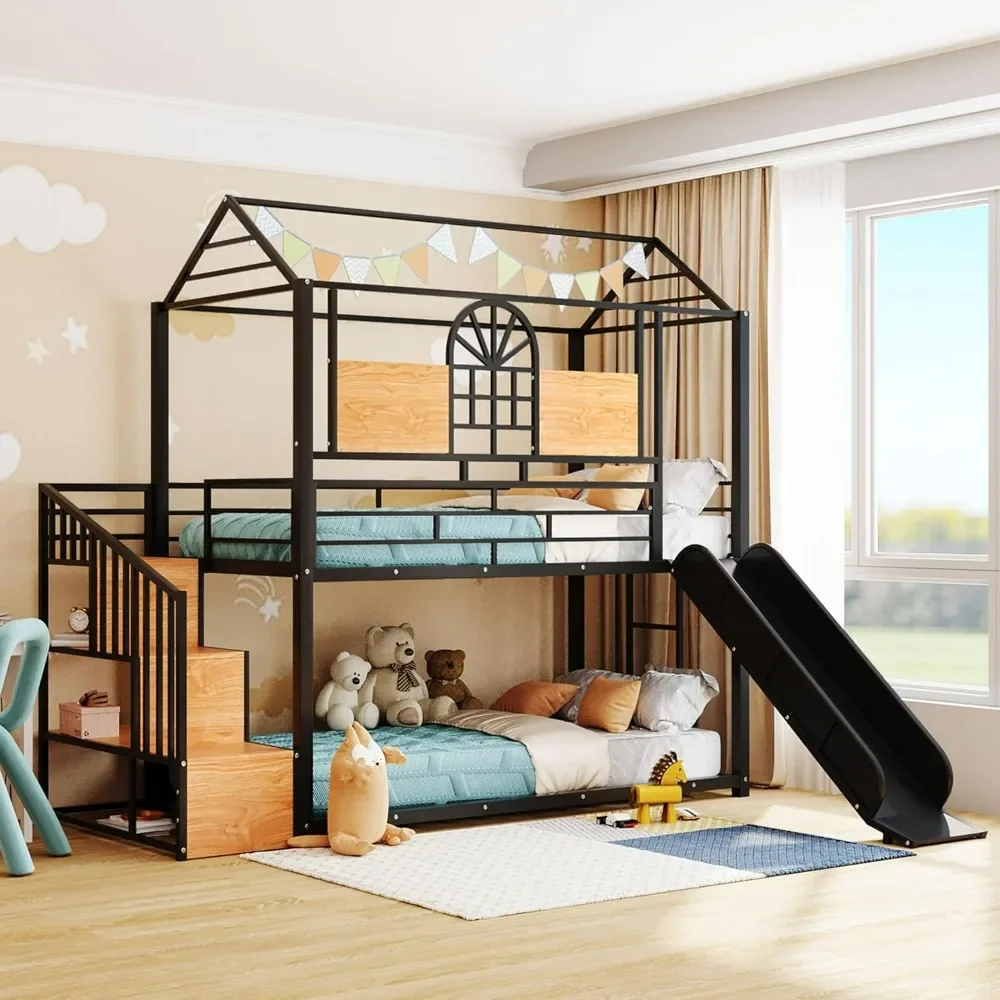 Litera de casa doble sobre doble, estructura de litera de metal con tobogán, escaleras y barandillas para niños, adolescentes, niñas, niños pequeños