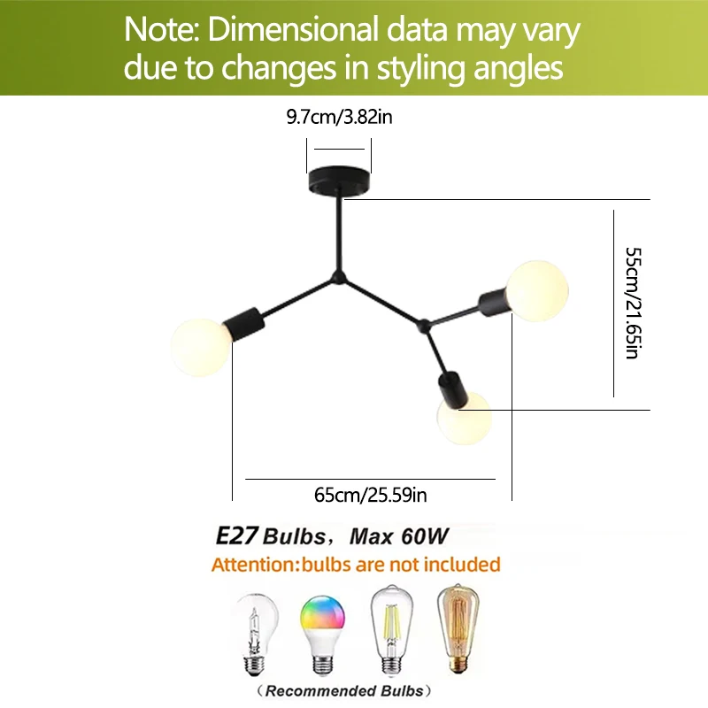1Pc black modern three E27 bulb base chandelier , suitable for living room, bedroom, kitchen lighting fixtures (without bulb）