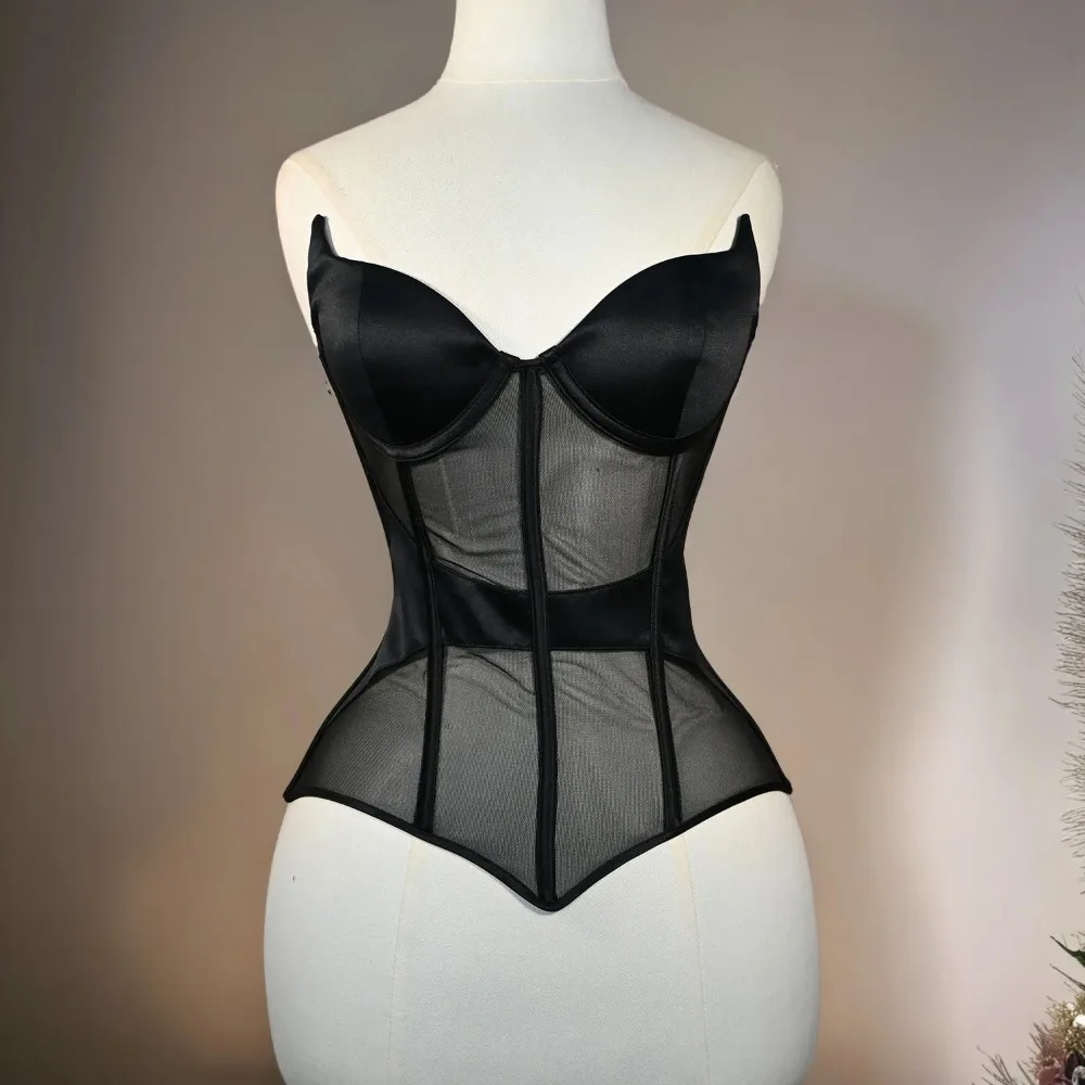 

Sexy Women Crop Tops Corset Bustier with Cups Overbust Steel Boned Strapless Waist Slimmer Mesh Fashion Bodice
