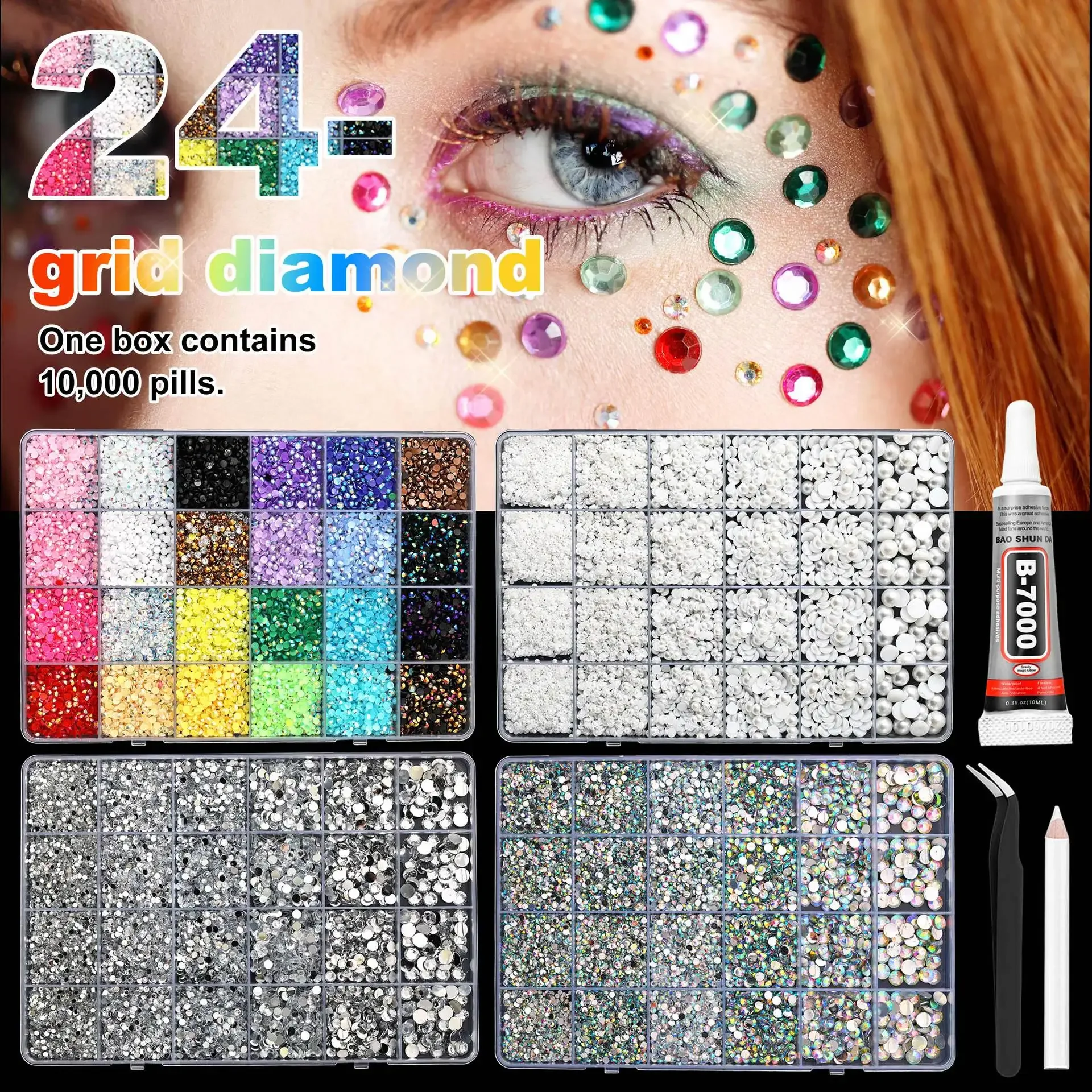Set di strass in resina multicolore 24Grid 3/4/5/6mm, strass AB con retro piatto per decorazioni fai-da-te su telefoni, abbigliamento, unghie e artigianato.
