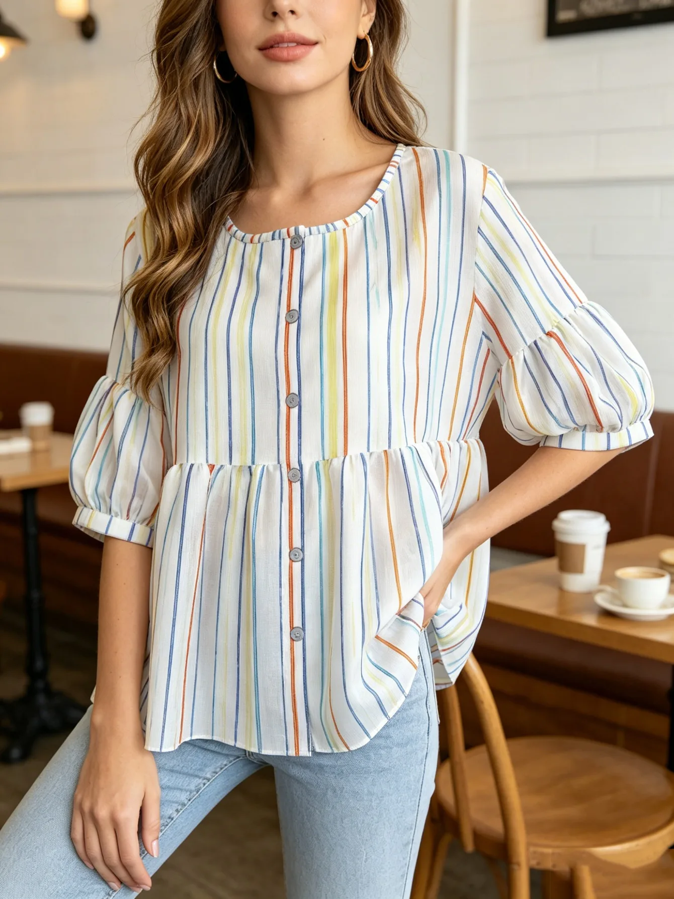 Women Striped Print Babydoll Blouse Crew Neck Button Down Short Puff Sleeve Loose Breathable Casual Daily Top