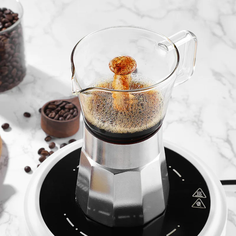 

240ml Moka Pot Glass & Aluminum Espresso Maker for Camping Home Travel for Coffee Lovers Italian Stovetop & Induction Compatible