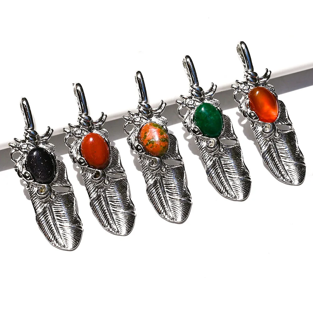 Natural Crystal Animal Feather Pendant Energy Healing Crystals Rose Quartz Amethyst Tiger Eye Gemstone Punk Style DIY Necklace